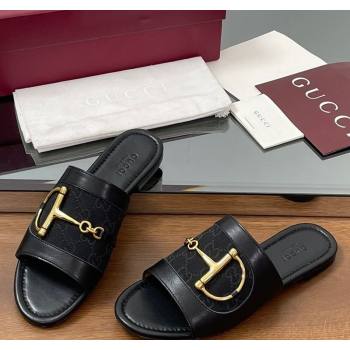Gucci Flat Slides Sandal in GG Canvas and Lambskin with Horsebit Black2 2025 834427 (MD-250609099)