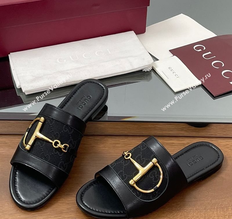 Gucci Flat Slides Sandal in GG Canvas and Lambskin with Horsebit Black2 2025 834427 (MD-250609099)