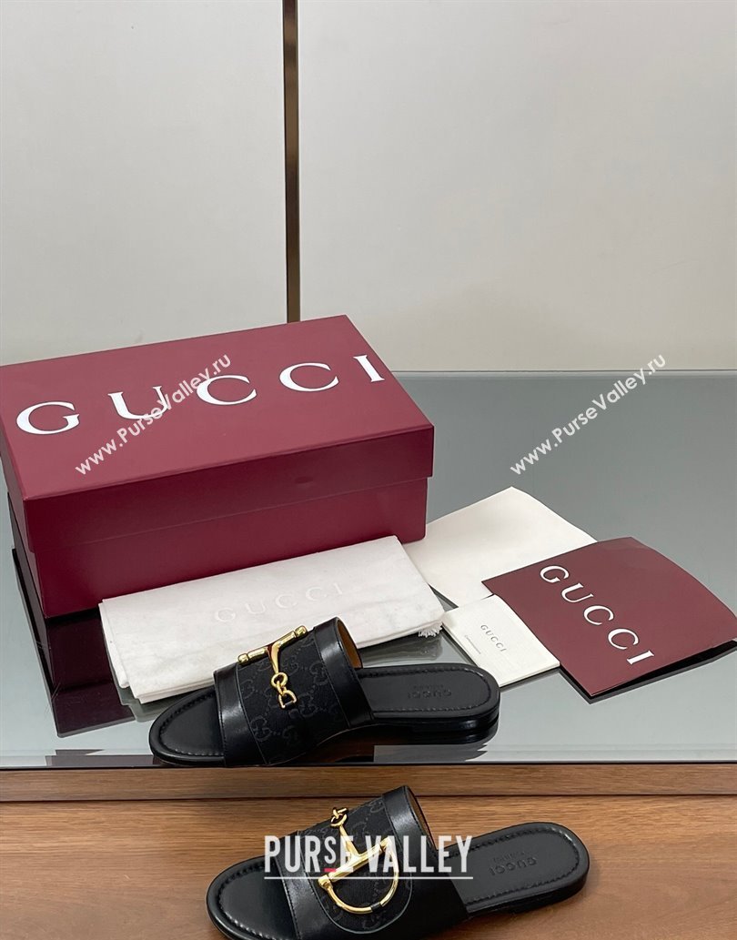 Gucci Flat Slides Sandal in GG Canvas and Lambskin with Horsebit Black2 2025 834427 (MD-250609099)
