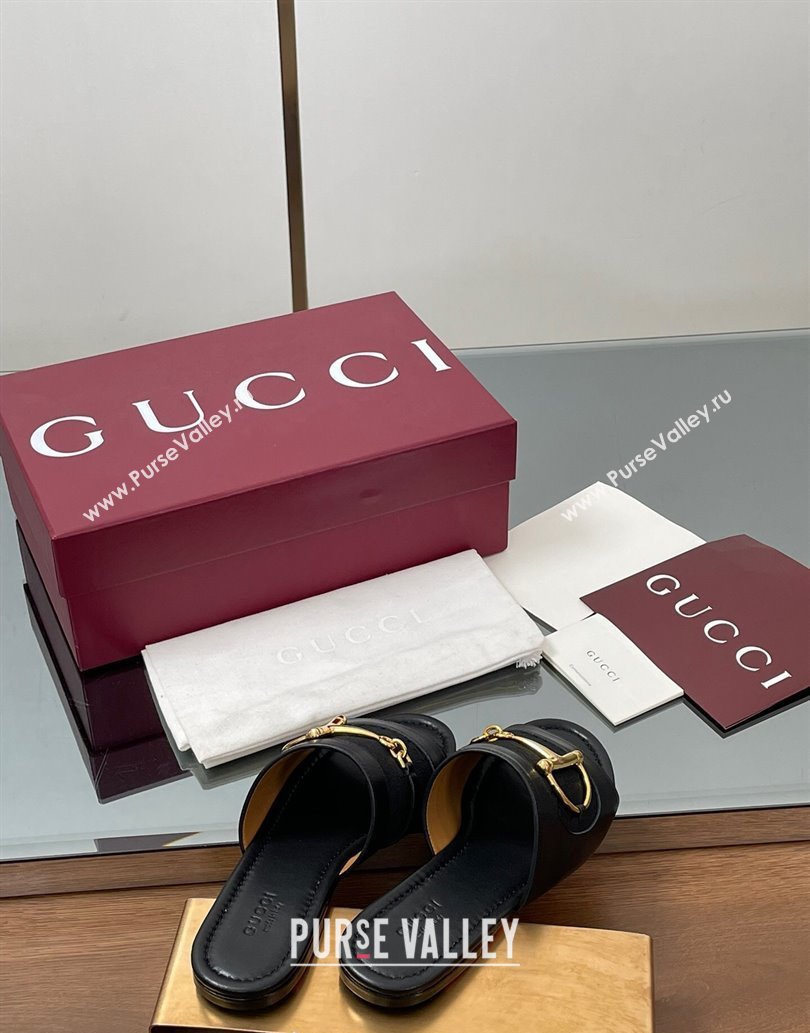 Gucci Flat Slides Sandal in GG Canvas and Lambskin with Horsebit Black2 2025 834427 (MD-250609099)