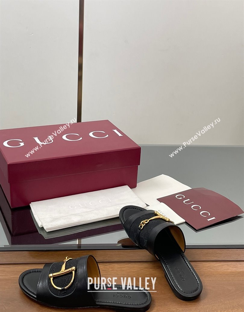 Gucci Flat Slides Sandal in GG Canvas and Lambskin with Horsebit Black2 2025 834427 (MD-250609099)