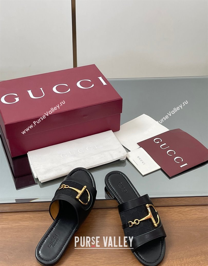 Gucci Flat Slides Sandal in GG Canvas and Lambskin with Horsebit Black2 2025 834427 (MD-250609099)