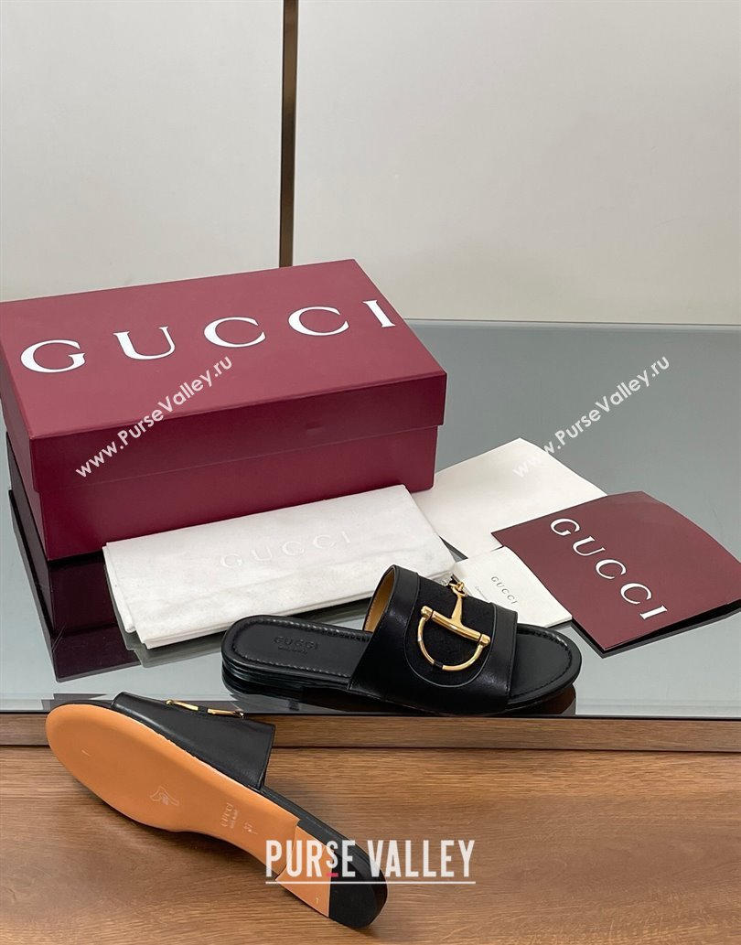 Gucci Flat Slides Sandal in GG Canvas and Lambskin with Horsebit Black2 2025 834427 (MD-250609099)