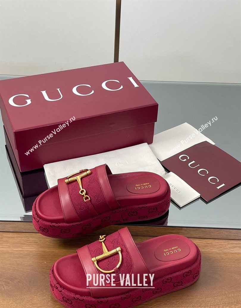 Gucci Platform Slides Sandal 5.5cm in GG Canvas and Lambskin with Horsebit Red 2025 0609 (MD-250609100)