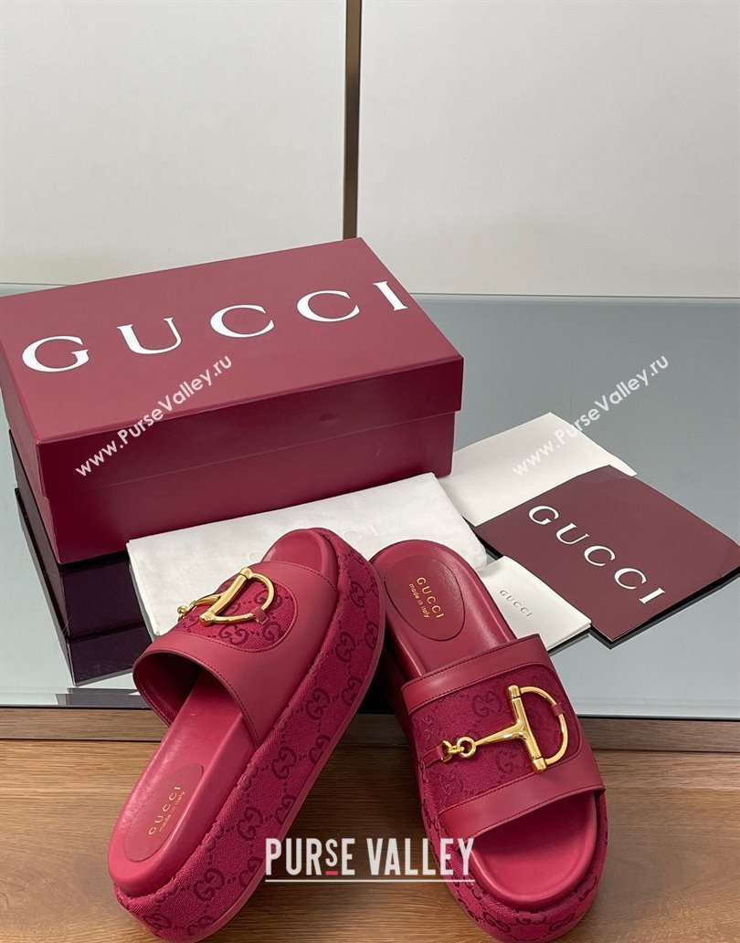 Gucci Platform Slides Sandal 5.5cm in GG Canvas and Lambskin with Horsebit Red 2025 0609 (MD-250609100)