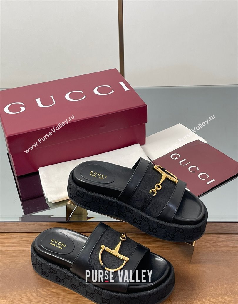 Gucci Platform Slides Sandal 5.5cm in GG Canvas and Lambskin with Horsebit Black 2025 0609 (MD-250609101)