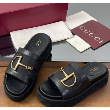 Gucci Platform Slides Sandal 5.5cm in GG Canvas and Lambskin with Horsebit Black 2025 0609 (MD-250609101)
