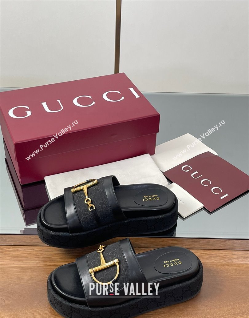 Gucci Platform Slides Sandal 5.5cm in GG Canvas and Lambskin with Horsebit Black 2025 0609 (MD-250609101)