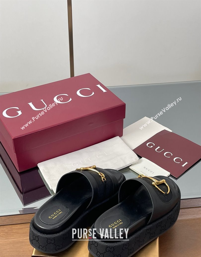 Gucci Platform Slides Sandal 5.5cm in GG Canvas and Lambskin with Horsebit Black 2025 0609 (MD-250609101)