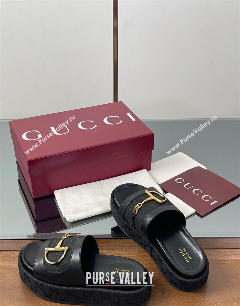 Gucci Platform Slides Sandal 5.5cm in GG Canvas and Lambskin with Horsebit Black 2025 0609 (MD-250609101)