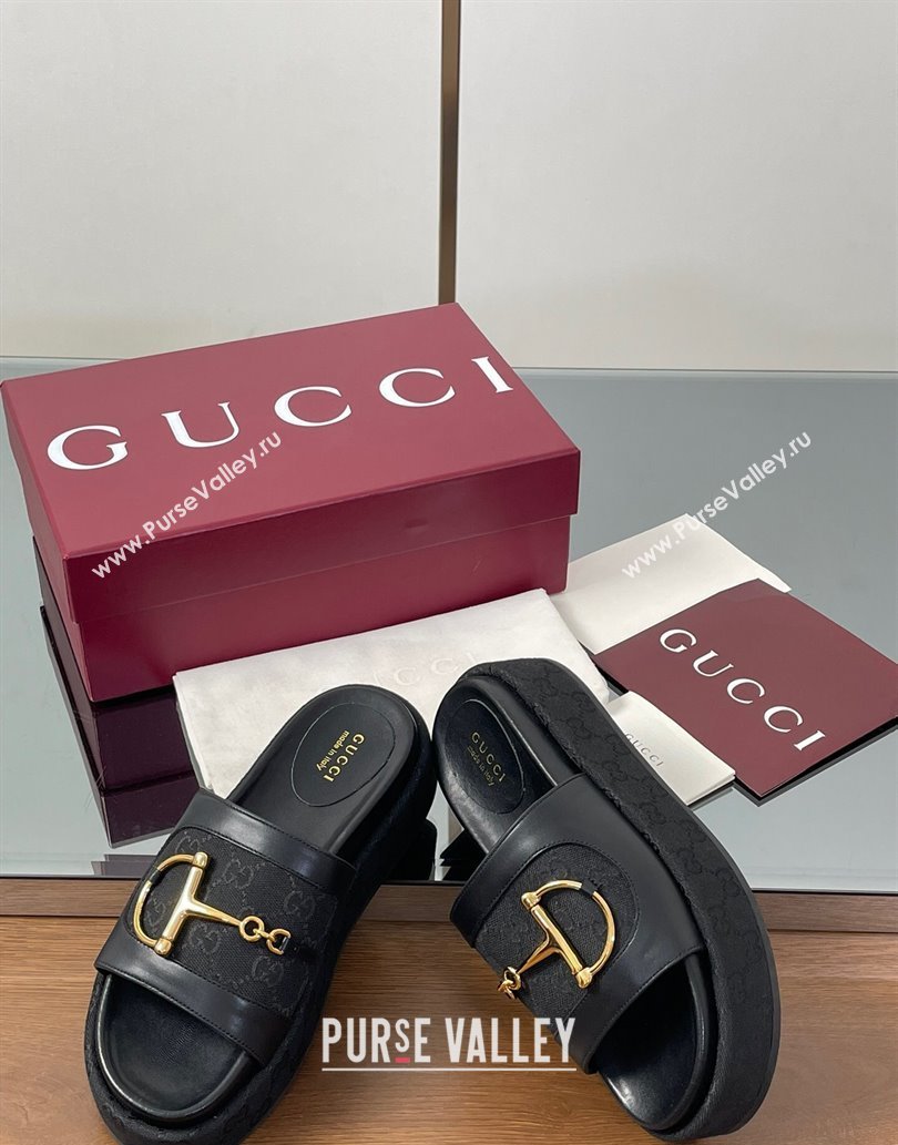 Gucci Platform Slides Sandal 5.5cm in GG Canvas and Lambskin with Horsebit Black 2025 0609 (MD-250609101)