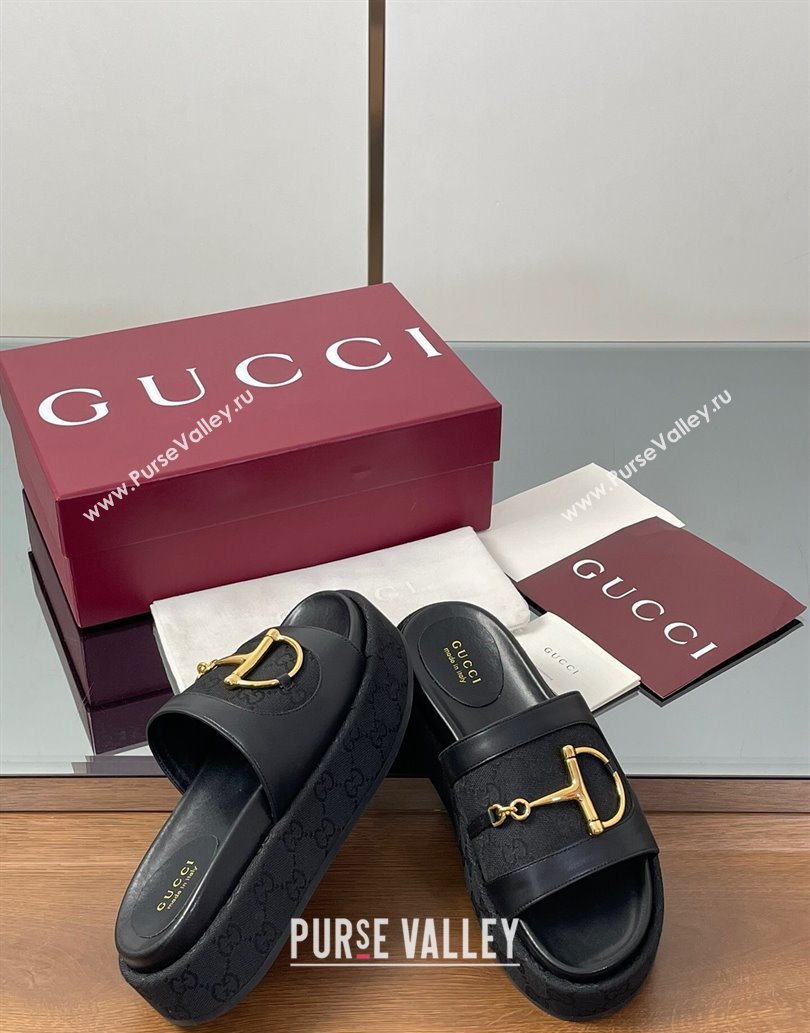 Gucci Platform Slides Sandal 5.5cm in GG Canvas and Lambskin with Horsebit Black 2025 0609 (MD-250609101)