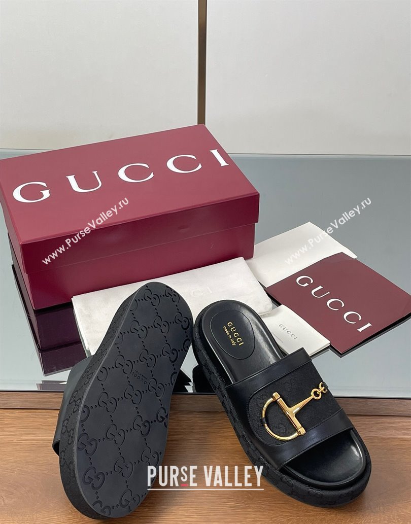 Gucci Platform Slides Sandal 5.5cm in GG Canvas and Lambskin with Horsebit Black 2025 0609 (MD-250609101)