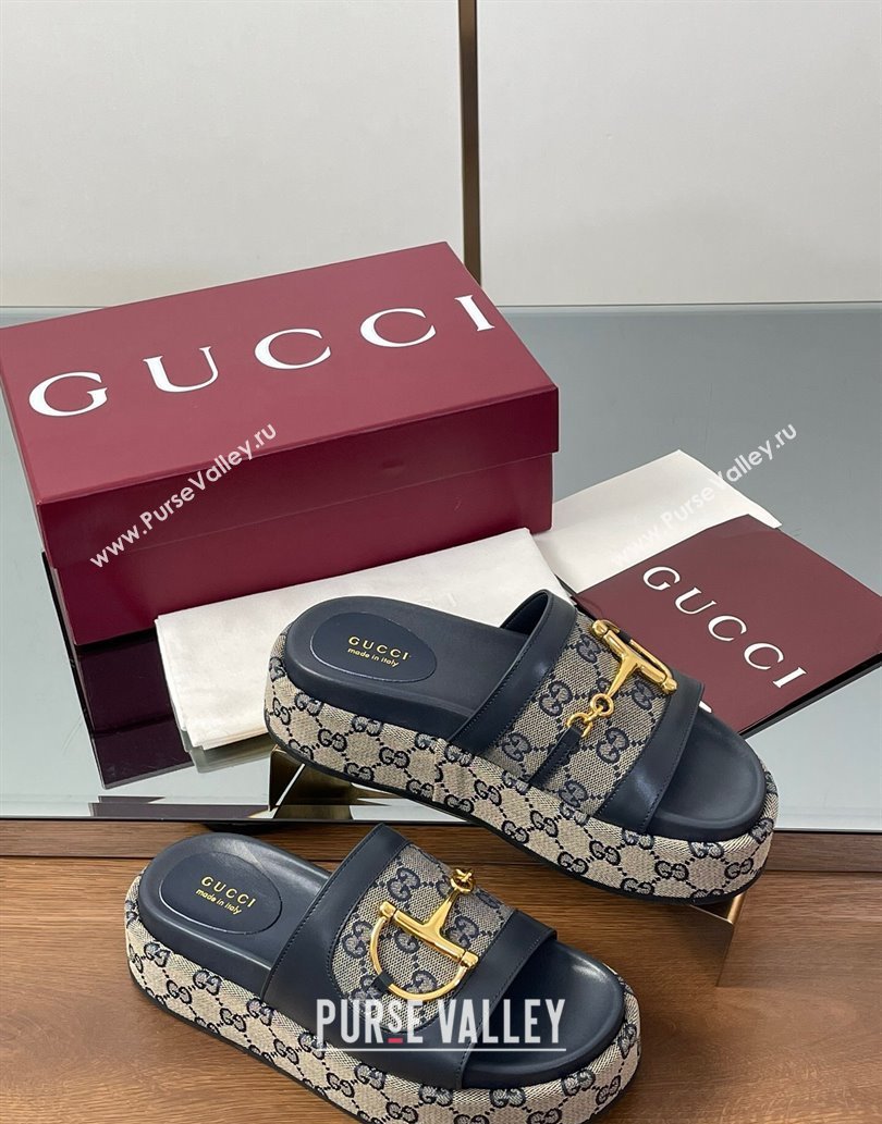 Gucci Platform Slides Sandal 5.5cm in GG Canvas and Lambskin with Horsebit Dark Blue 2025 0609 (MD-250609102)