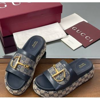Gucci Platform Slides Sandal 5.5cm in GG Canvas and Lambskin with Horsebit Dark Blue 2025 0609 (MD-250609102)