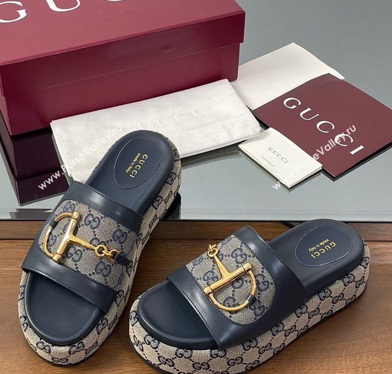 Gucci Platform Slides Sandal 5.5cm in GG Canvas and Lambskin with Horsebit Dark Blue 2025 0609 (MD-250609102)