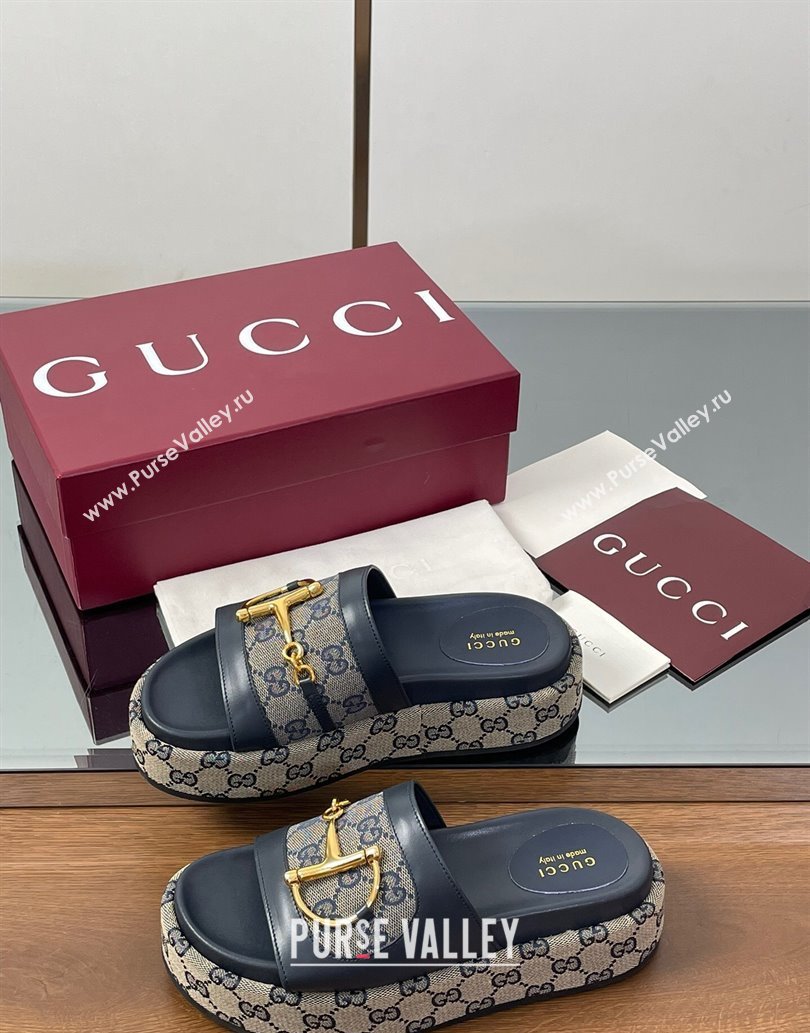 Gucci Platform Slides Sandal 5.5cm in GG Canvas and Lambskin with Horsebit Dark Blue 2025 0609 (MD-250609102)