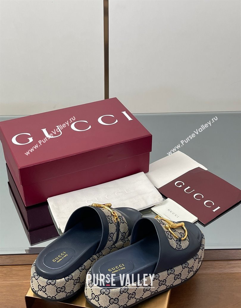 Gucci Platform Slides Sandal 5.5cm in GG Canvas and Lambskin with Horsebit Dark Blue 2025 0609 (MD-250609102)