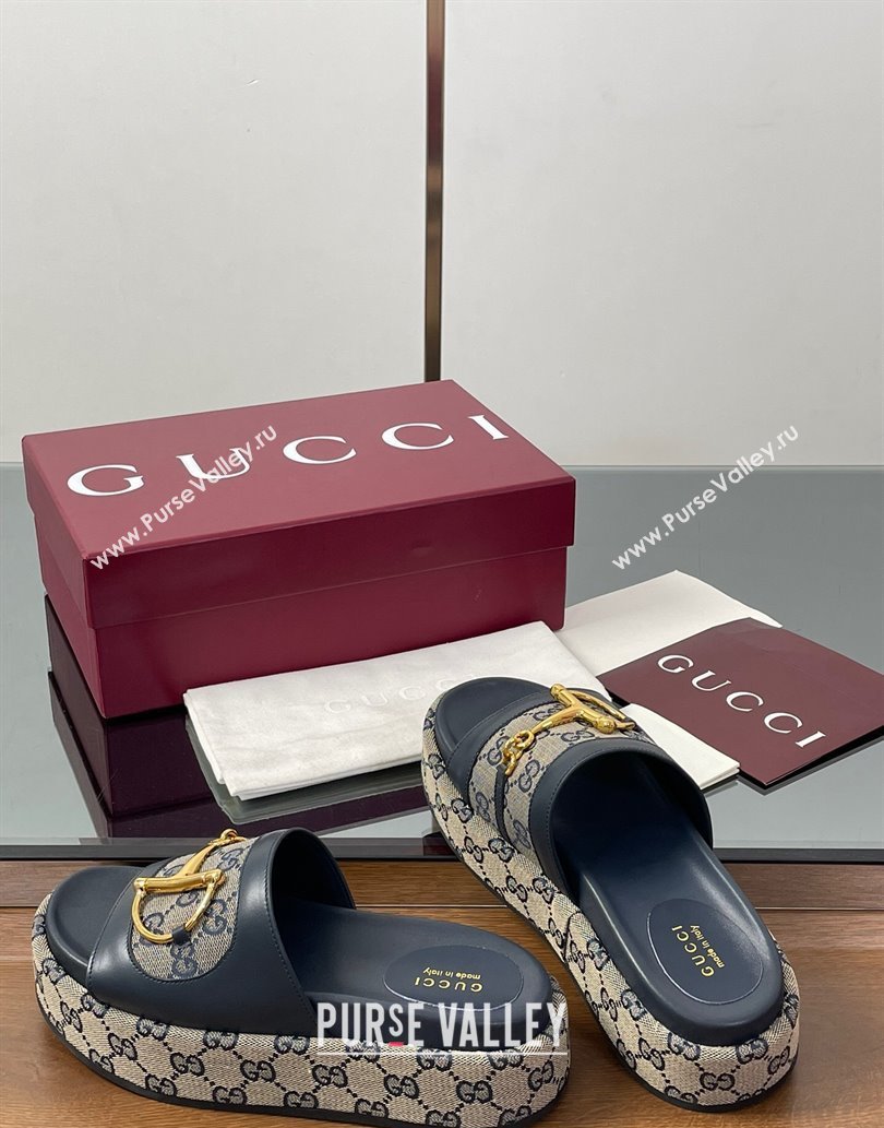 Gucci Platform Slides Sandal 5.5cm in GG Canvas and Lambskin with Horsebit Dark Blue 2025 0609 (MD-250609102)