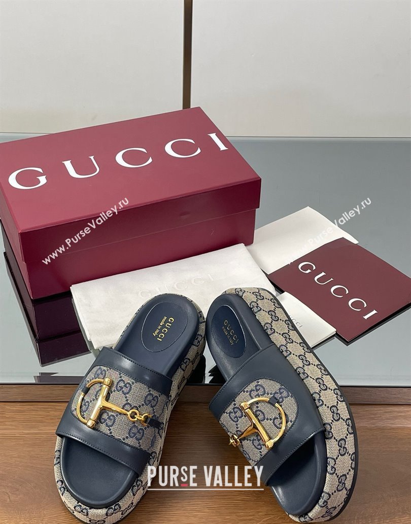 Gucci Platform Slides Sandal 5.5cm in GG Canvas and Lambskin with Horsebit Dark Blue 2025 0609 (MD-250609102)