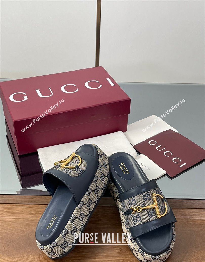Gucci Platform Slides Sandal 5.5cm in GG Canvas and Lambskin with Horsebit Dark Blue 2025 0609 (MD-250609102)