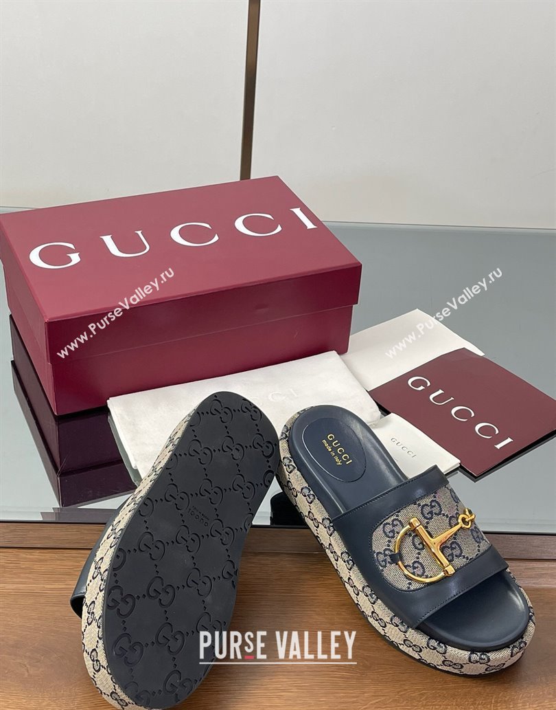 Gucci Platform Slides Sandal 5.5cm in GG Canvas and Lambskin with Horsebit Dark Blue 2025 0609 (MD-250609102)