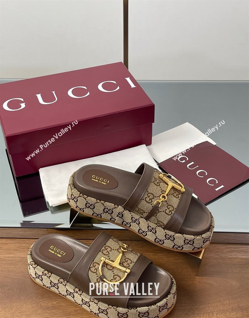 Gucci Platform Slides Sandal 5.5cm in GG Canvas and Lambskin with Horsebit Dark Brown 2025 0609 (MD-250609103)