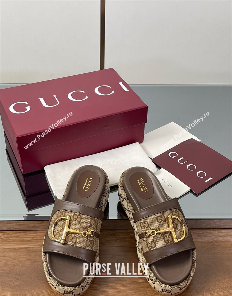 Gucci Platform Slides Sandal 5.5cm in GG Canvas and Lambskin with Horsebit Dark Brown 2025 0609 (MD-250609103)