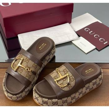 Gucci Platform Slides Sandal 5.5cm in GG Canvas and Lambskin with Horsebit Dark Brown 2025 0609 (MD-250609103)