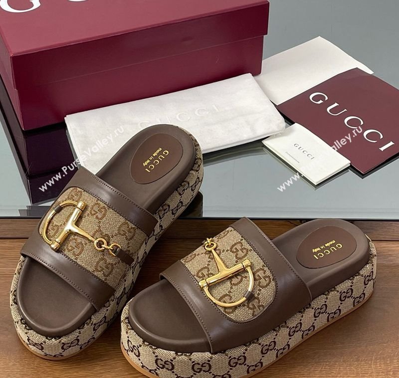 Gucci Platform Slides Sandal 5.5cm in GG Canvas and Lambskin with Horsebit Dark Brown 2025 0609 (MD-250609103)