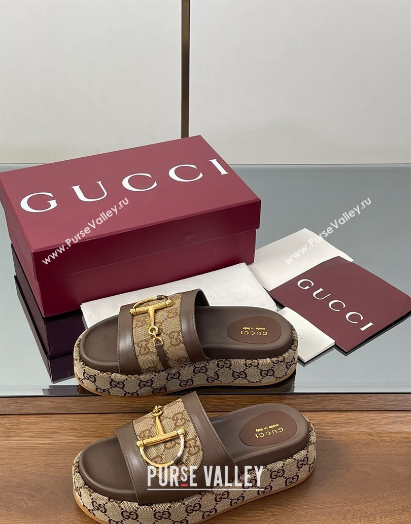 Gucci Platform Slides Sandal 5.5cm in GG Canvas and Lambskin with Horsebit Dark Brown 2025 0609 (MD-250609103)