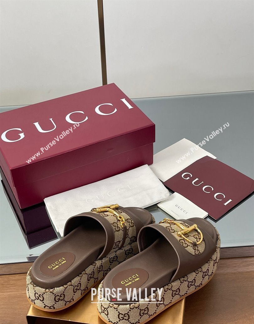 Gucci Platform Slides Sandal 5.5cm in GG Canvas and Lambskin with Horsebit Dark Brown 2025 0609 (MD-250609103)