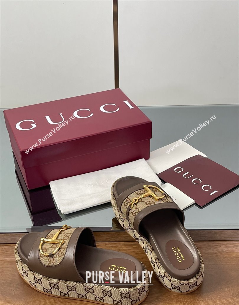 Gucci Platform Slides Sandal 5.5cm in GG Canvas and Lambskin with Horsebit Dark Brown 2025 0609 (MD-250609103)