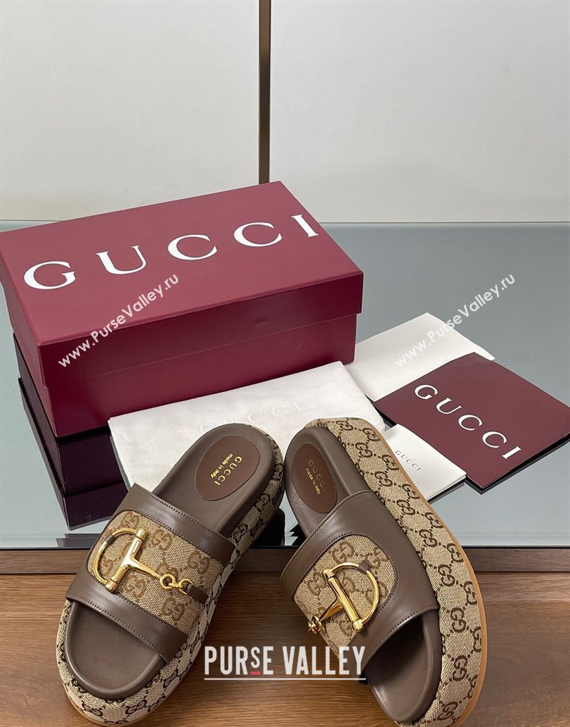 Gucci Platform Slides Sandal 5.5cm in GG Canvas and Lambskin with Horsebit Dark Brown 2025 0609 (MD-250609103)