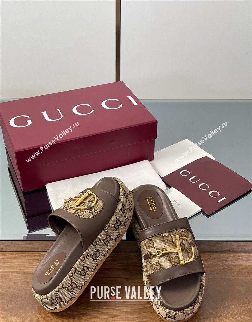 Gucci Platform Slides Sandal 5.5cm in GG Canvas and Lambskin with Horsebit Dark Brown 2025 0609 (MD-250609103)