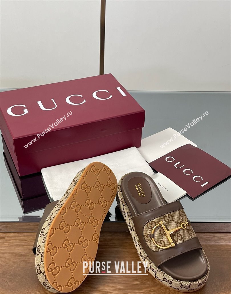 Gucci Platform Slides Sandal 5.5cm in GG Canvas and Lambskin with Horsebit Dark Brown 2025 0609 (MD-250609103)