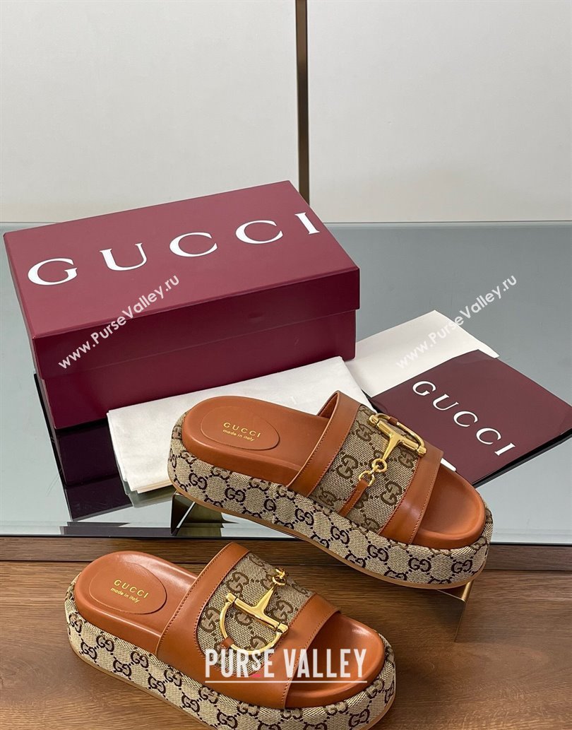 Gucci Platform Slides Sandal 5.5cm in GG Canvas and Lambskin with Horsebit Tan Brown 2025 0609 (MD-250609104)