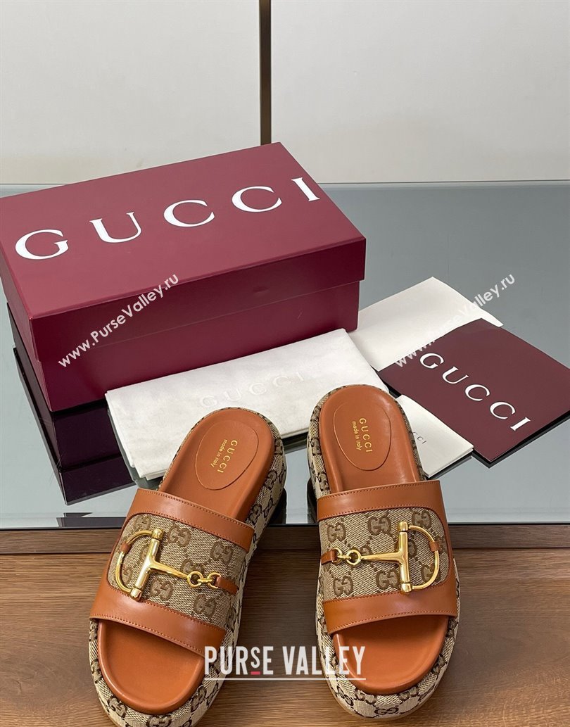 Gucci Platform Slides Sandal 5.5cm in GG Canvas and Lambskin with Horsebit Tan Brown 2025 0609 (MD-250609104)