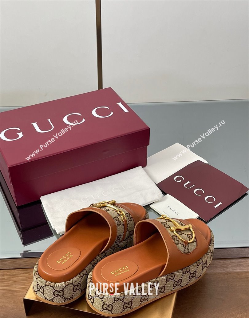 Gucci Platform Slides Sandal 5.5cm in GG Canvas and Lambskin with Horsebit Tan Brown 2025 0609 (MD-250609104)