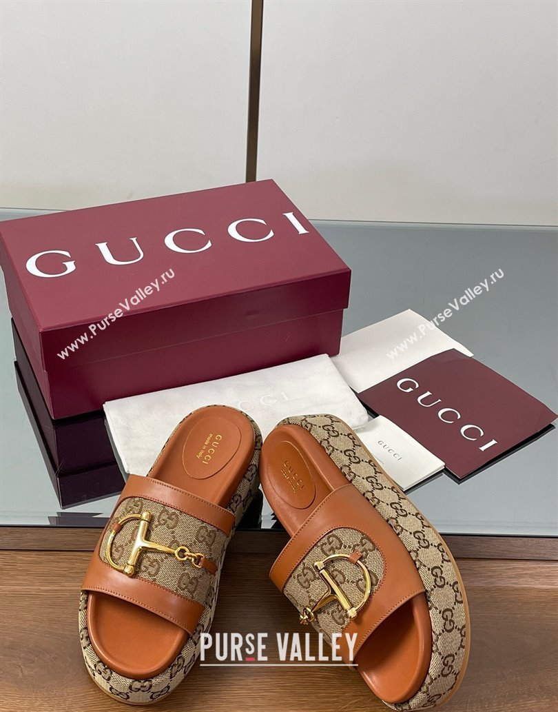 Gucci Platform Slides Sandal 5.5cm in GG Canvas and Lambskin with Horsebit Tan Brown 2025 0609 (MD-250609104)