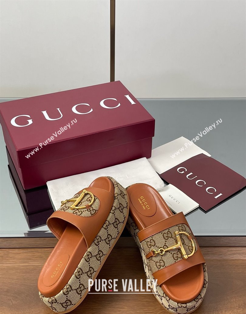 Gucci Platform Slides Sandal 5.5cm in GG Canvas and Lambskin with Horsebit Tan Brown 2025 0609 (MD-250609104)