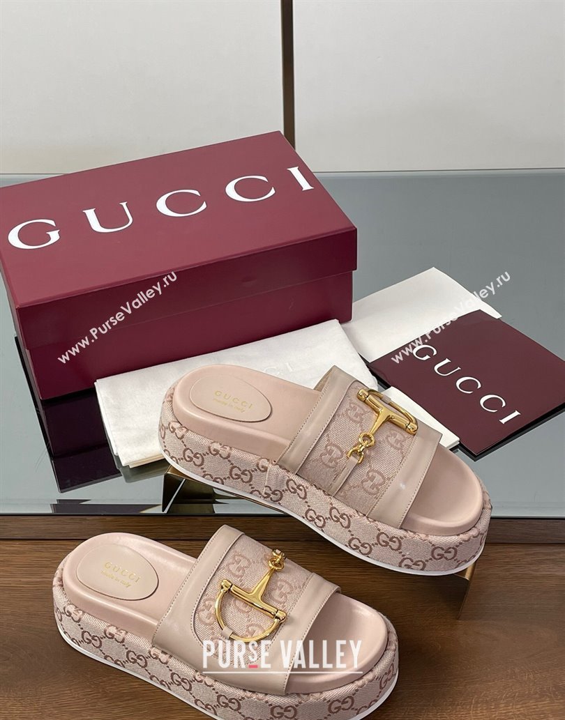 Gucci Platform Slides Sandal 5.5cm in GG Canvas and Lambskin with Horsebit Nude Pink 2025 0609 (MD-250609105)