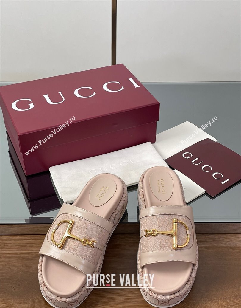 Gucci Platform Slides Sandal 5.5cm in GG Canvas and Lambskin with Horsebit Nude Pink 2025 0609 (MD-250609105)