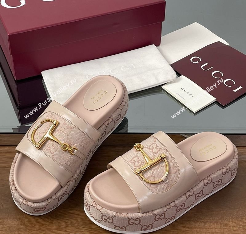 Gucci Platform Slides Sandal 5.5cm in GG Canvas and Lambskin with Horsebit Nude Pink 2025 0609 (MD-250609105)