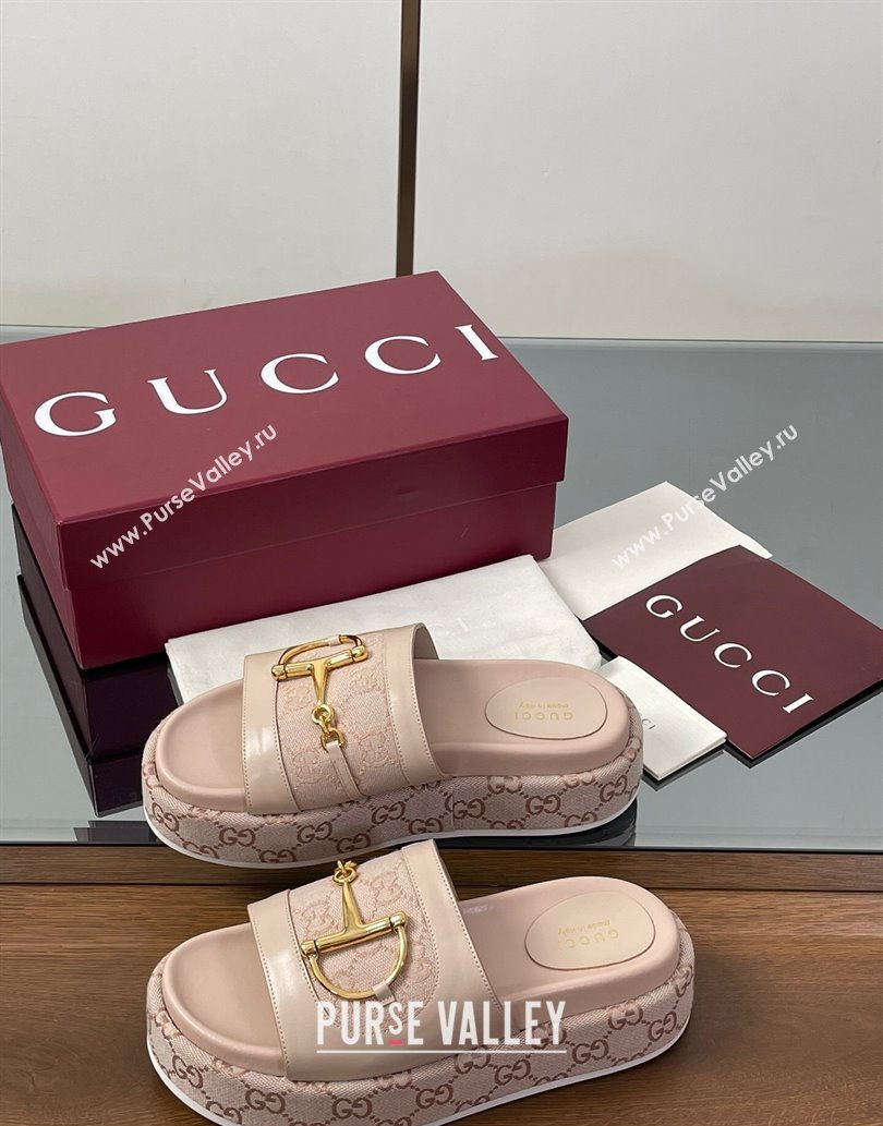 Gucci Platform Slides Sandal 5.5cm in GG Canvas and Lambskin with Horsebit Nude Pink 2025 0609 (MD-250609105)