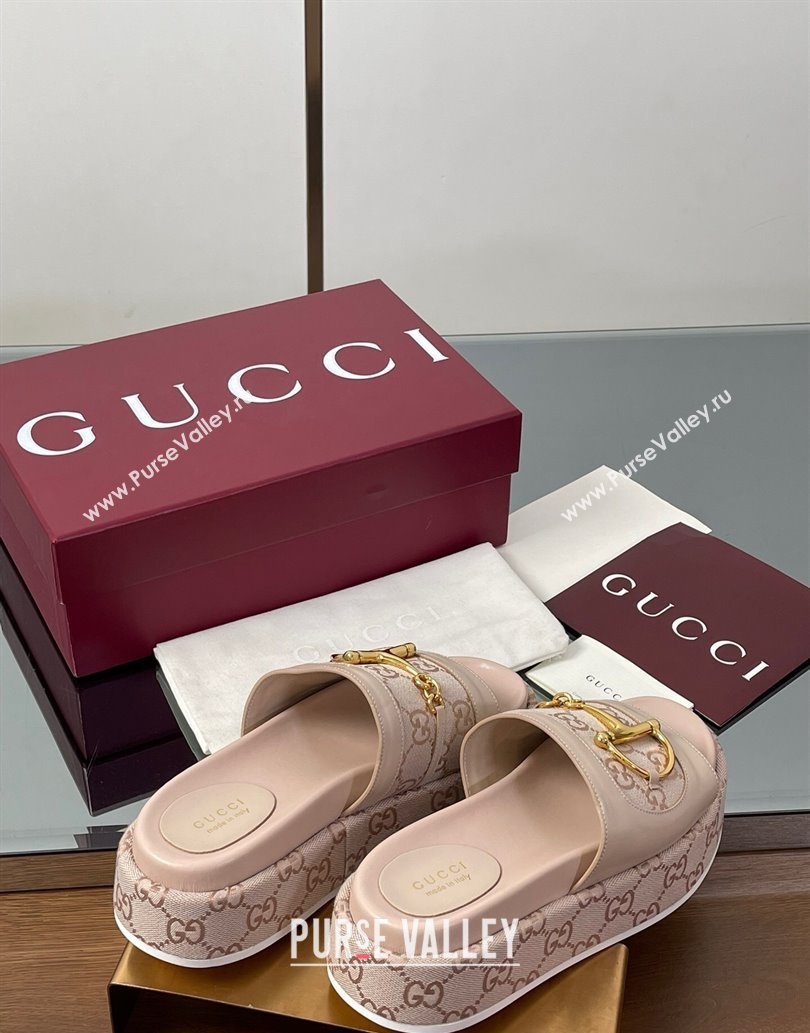 Gucci Platform Slides Sandal 5.5cm in GG Canvas and Lambskin with Horsebit Nude Pink 2025 0609 (MD-250609105)