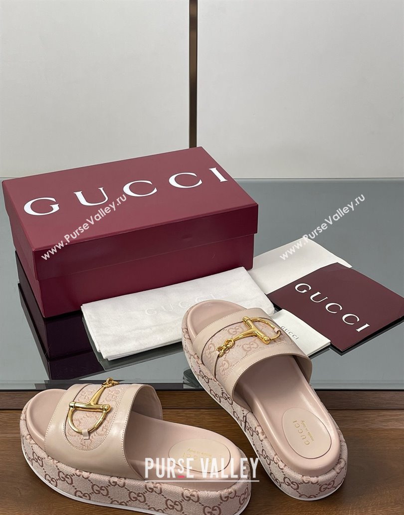 Gucci Platform Slides Sandal 5.5cm in GG Canvas and Lambskin with Horsebit Nude Pink 2025 0609 (MD-250609105)