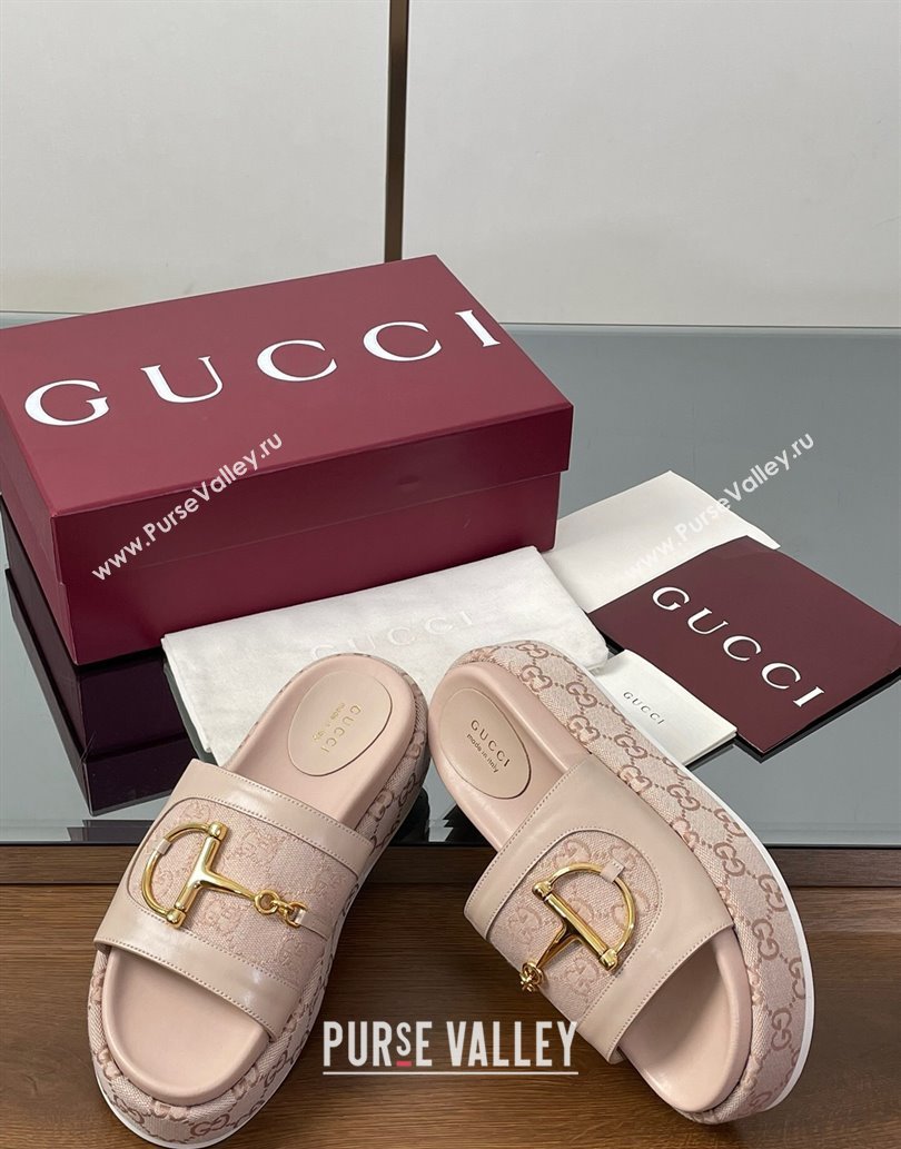 Gucci Platform Slides Sandal 5.5cm in GG Canvas and Lambskin with Horsebit Nude Pink 2025 0609 (MD-250609105)