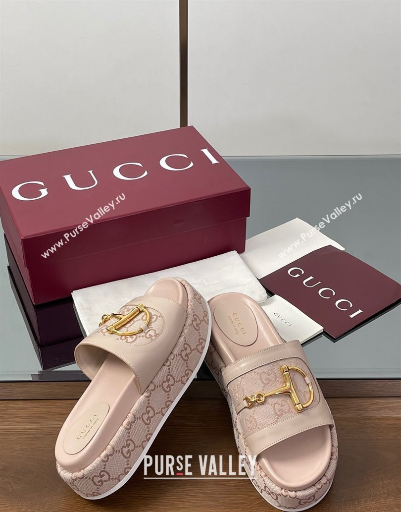 Gucci Platform Slides Sandal 5.5cm in GG Canvas and Lambskin with Horsebit Nude Pink 2025 0609 (MD-250609105)