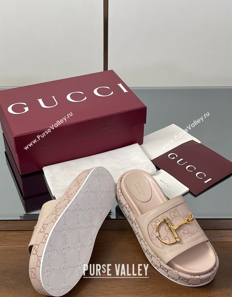 Gucci Platform Slides Sandal 5.5cm in GG Canvas and Lambskin with Horsebit Nude Pink 2025 0609 (MD-250609105)